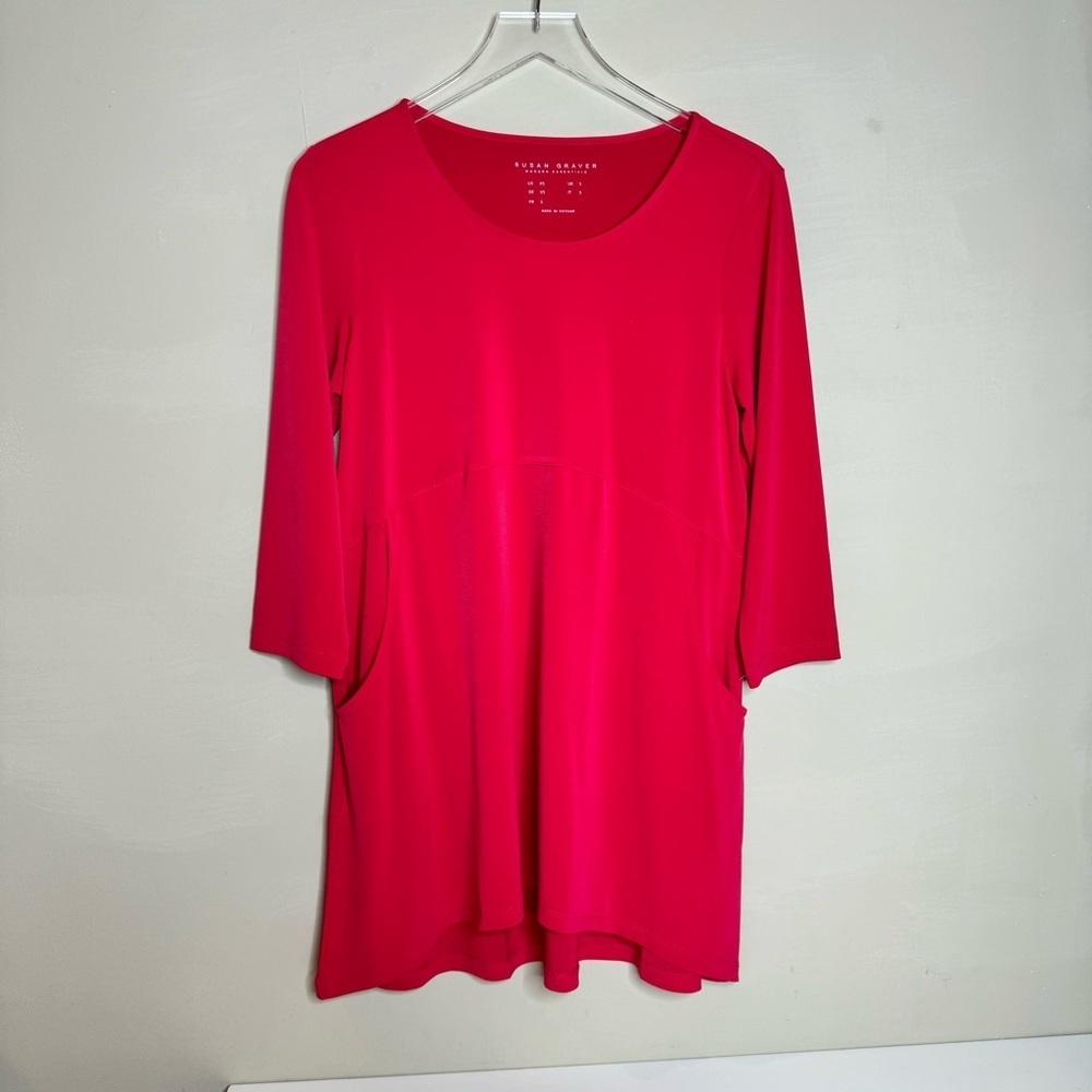 Susan Graver Weekend Pink Crew Neck Long Tunic Pockets - Picture 2 of 9